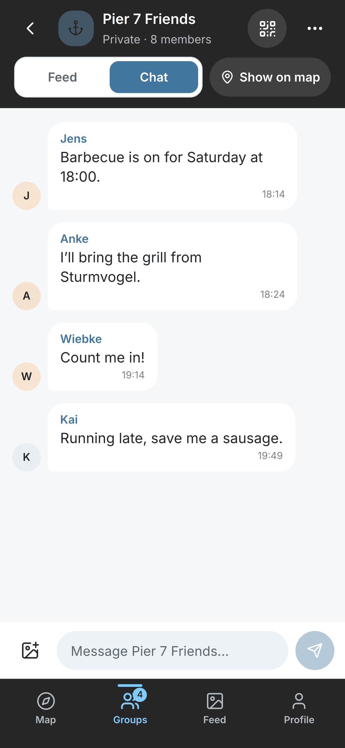 The Pier 7 Friends group chat planning a barbecue, with a Show on map button